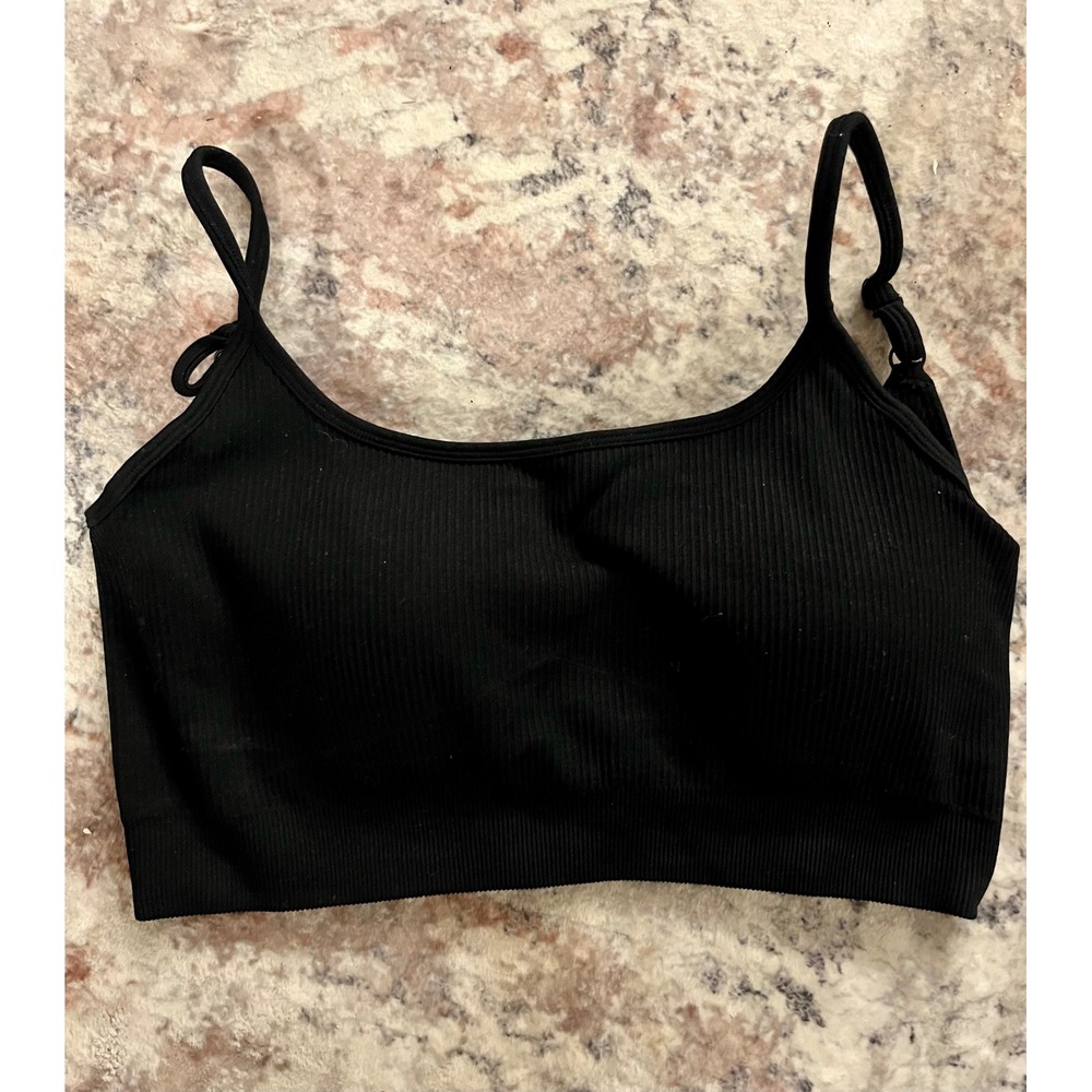 OQQ Black Ribbed Seamless Bralette Adjustable Straps Scoop Neck large
